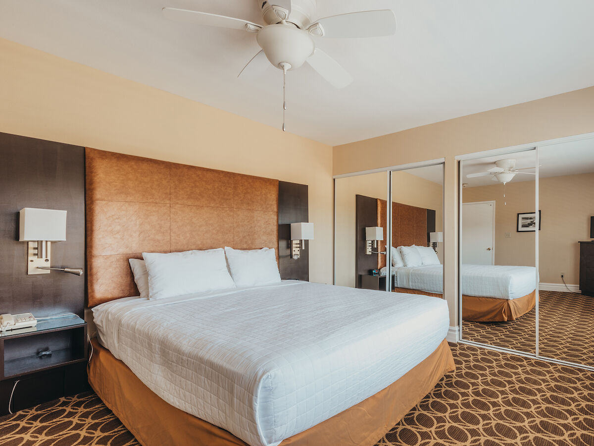 Bedroom with full wall mirror