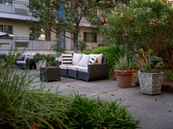 outdoor lounge areas in courtyard