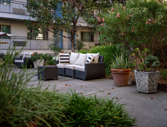 outdoor lounge areas in courtyard